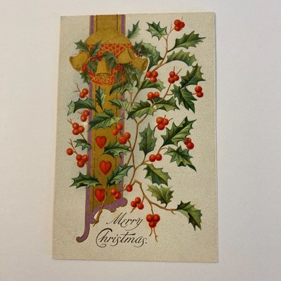 Christmas Postcard Holly Berries Gold Bells Hearts Boston 1907