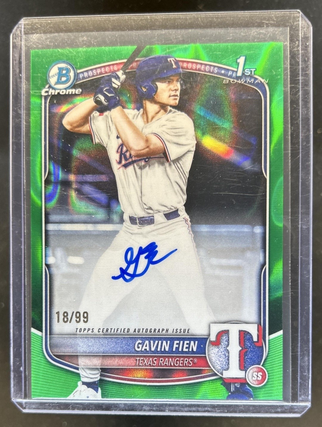 2025 Bowman Draft Gavin Fien Chrome Auto Green Lava Refractor 1st #/99 Rangers