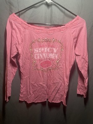 FAN-C Women's Pink Graphic Lace Trim Boat Neck Long Sleeve Knit Top Size M