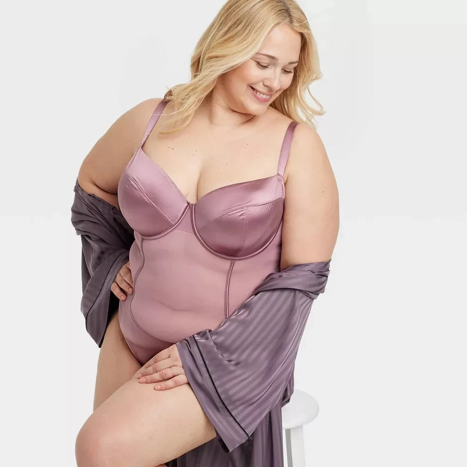 Auden Women's Satin and Mesh Lightly Lined Lingerie Bodysuit Mauve Size XXL - Image 3 of 4