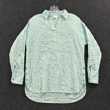 J Jill Shirt Women's XS Mint Green Textured Cotton Tunic Split Neck Side Buttons