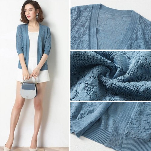 Women Faux Silk Knitted Cardigan Cutout Thin Short Sweater Shawl 3/4 Sleeve - Picture 8 of 15