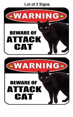 2 Count - Beware of Attack Cat 11.5 x 9 Laminated Funny Sign