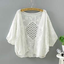 Womens Embroidered Hollow Summer Thin Top Cotton Short Bat Sleeve Cardigan Coat