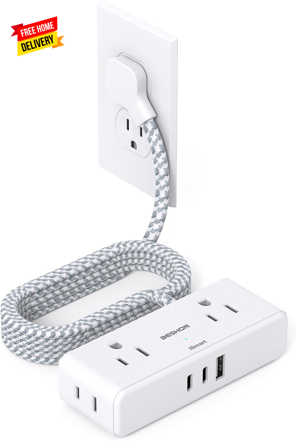 Flat Extension Cord 6 Feet, Flat Plug Power Strip, 4 Widely Outlets with 3 USB P-image