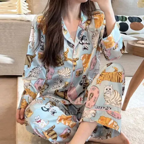 Pijama Seda Hielo Mujer Pijama Primavera Manga Larga Hogar Set - Imagen 13 de 49