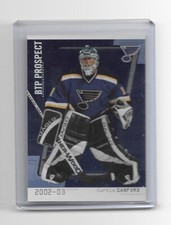 2002-03 ITG BETWEEN THE PIPES CURTIS SANFORD PROSPECT ROOKIE CARD #75