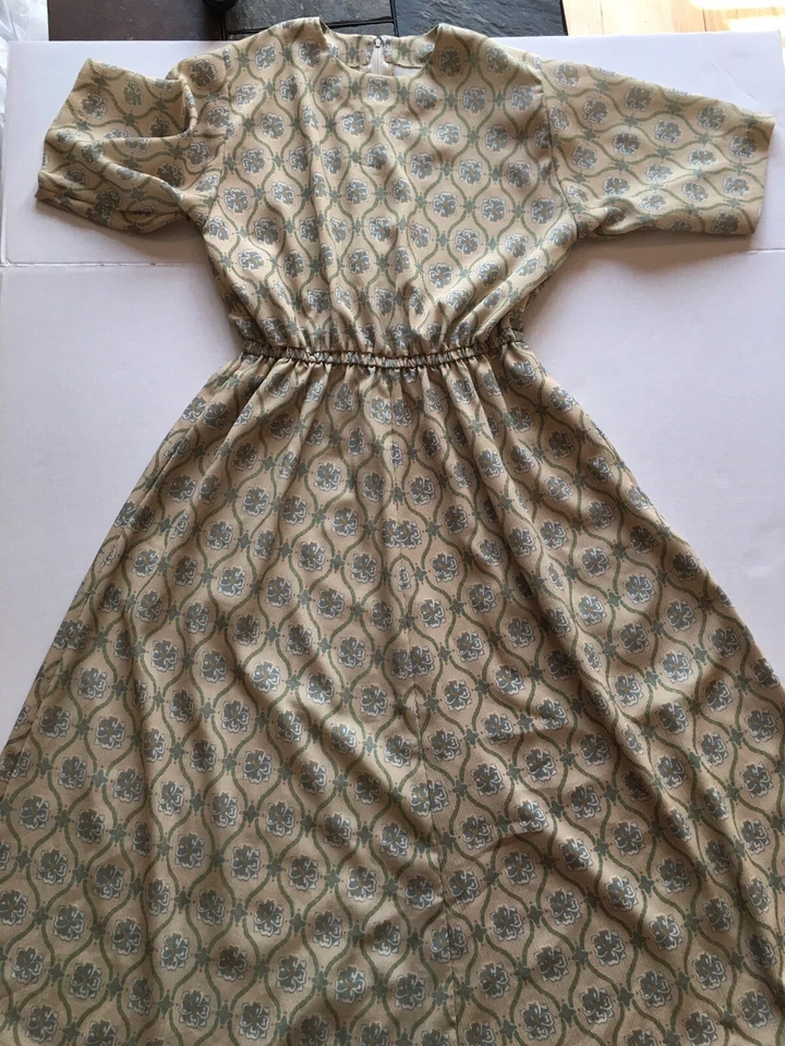 Vestido De Colección Años 60 70 Día Casa Talla M Manga Corta Línea A Rockabilly Beige Tostado Foto 4 de 4