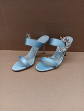 Manolo Blahnik Chivela 090 Open-Toe Satin Women's Mules- L Blue/Yoth- Size 38.5