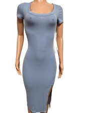 Sexy blue casual ribbed split front midi low cut dress new Dinner date office S