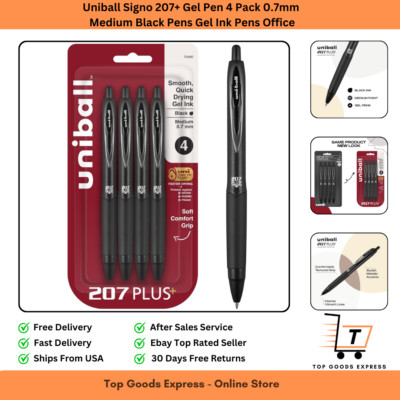 Uniball Signo 207+ Gel Pen 4 Pack 0.7mm Medium Black Pens Gel Ink Pens Office...