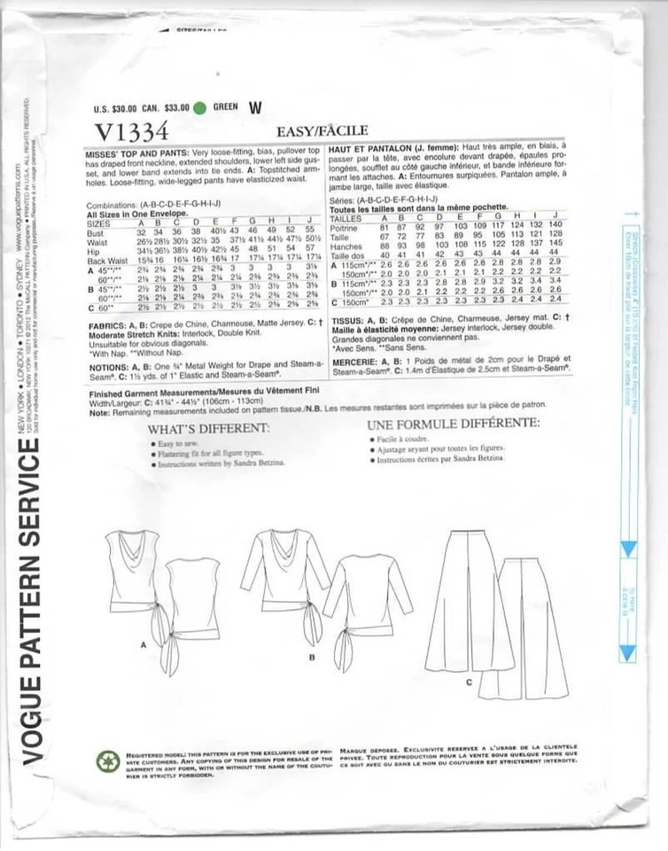 Vogue TODAY'S FIT BY SANDRA BETZINA Top, Culottes Pants Pattern V1334 ...