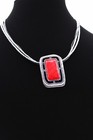 Silver Bead/Black Cord Necklace 19" Chico's Red Enamel, Silver Tone Multi-strand