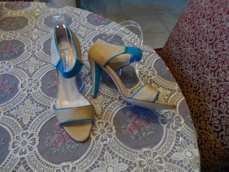 Nuevos Tacones Oscar de la Renta Beige Yute con Borde de Charol Aqua Talla 39B Foto 4 de 4