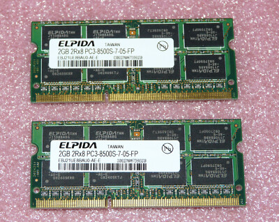 2x 2GB 2Rx8 PC3-8500S-7-05-FP Elpida RAM Notebook Arbeitsspeicher, gesamt 4GB
