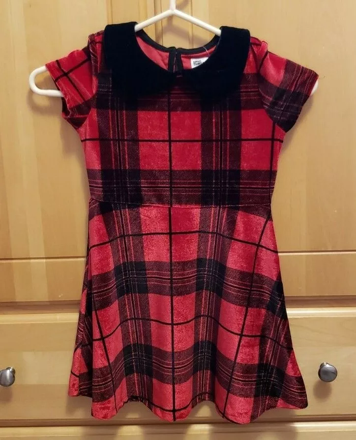 Epic Threads Girls Size 5 Red Black Plaid Short Sleeve Velvet Dress