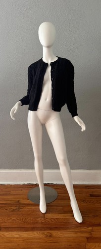 Vintage 50s 60s Black Hand Knit Rockabilly Cardigan Sweater Top M - Picture 13 of 14