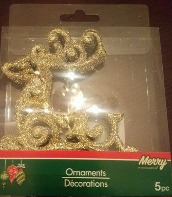 Merry Christmas House 5 Pc Reindeer Ornament Gold 1pk of 5 Pcs-Brand New-SHIP24H
