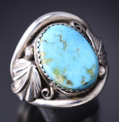 Size 11 Vintage Silver & Turquoise Eagle Feathers Navajo Ring 6A03O