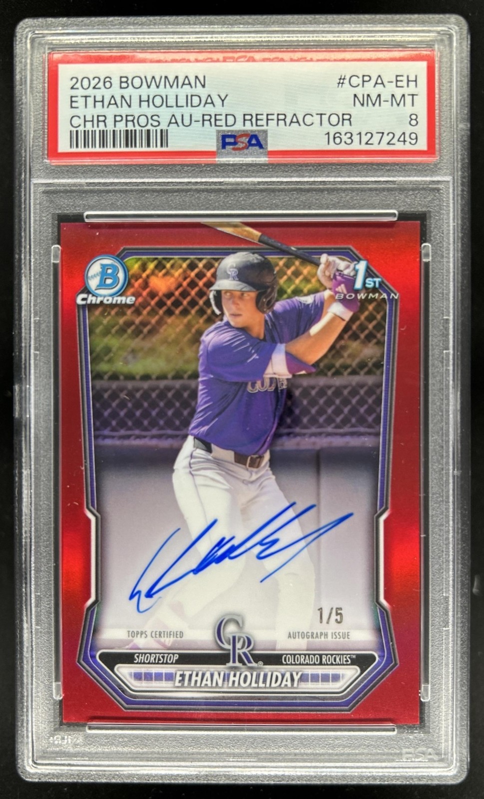 2026 Bowman Ethan Holliday Chrome Auto Red Refractor 1st #/5 Rockies PSA 8