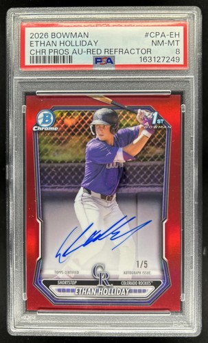 2026 Bowman Ethan Holliday Chrome Auto Red Refractor 1st #/5 Rockies PSA 8