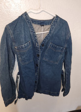 Blue Denim Jean Jacket Button Closure Long Sleeve Pockets Short Casual Solid