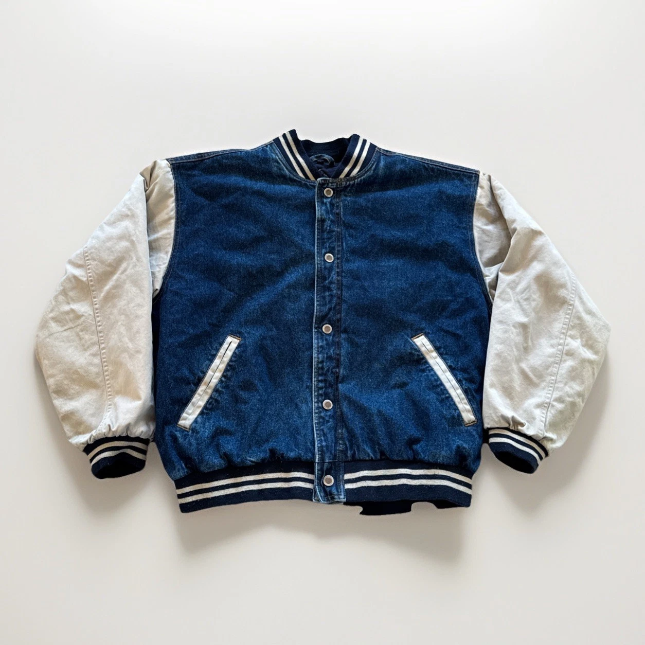 Vintage Basic Editions Denim Jacket Mens L Varsity Bomber Y2K 90s Streetwear