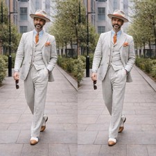 White Linen Men's Suits Summer Beach Wedding Tuxedo Outdoor Casual Three Pieces