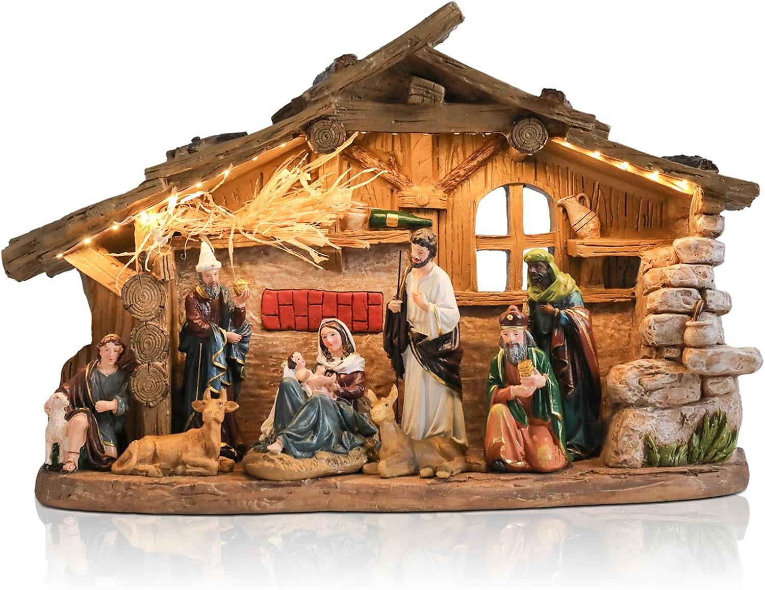 15.6" Resin Nativity Set LED Light & Music Holy Family Christmas Tabletop Decor