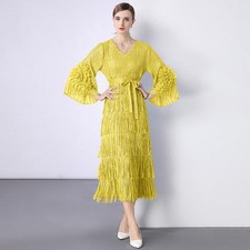 Women's V-Neck Ruched Maxi Dress, Tie Waist Flare Sleeve Sequin Plus Size Gown