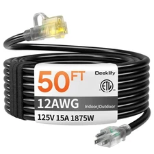 12/3 50 FT Heavy Duty Outdoor Extension Cord Waterproof with Lighted End,Blac...