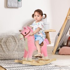 Rocking Horse Plush Animal on Wooden Rockers with Sounds, Wooden Base, Pink