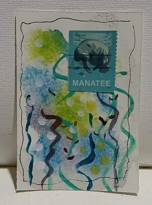 OOAK ACEO  Postal Whimsy Mini    Manatee Forever Stamp Abstra Watercolor