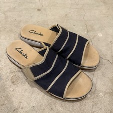 Clarks Sandals Womens 10 M Slide Flats Navy/Tan Canvas Open Toe Casual Slip On