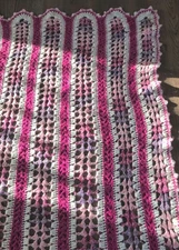 Vintage Handmade Crochet Knit Afghan Throw Blanket Pink White Purple SQ 48x48