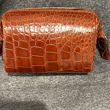 Prada Brown Croc Embossed Leather Makeup Bag / Pouch w/ Zipper