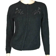 1990s Vintage 1950s Style Rafaella Beaded Cardigan Sweater Black Angora Wool S