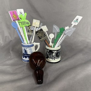 LOT of Vintage Stir Sticks Hand-blown Amber Glass Decanter and Shot Glasses