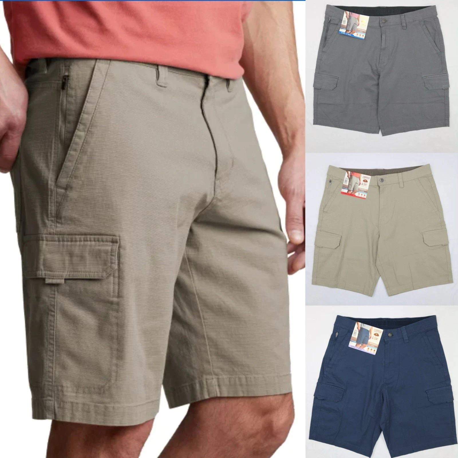 Copper & Oak Mens Venture Ripstop Cargo Shorts Tan Blue Gray 10in Inseam 30-42W