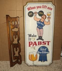 VINTAGE AUTHENTIC PABST BLUE RIBBON & BEER WOODEN SIGN LOT-BAR-PBR-WEIGHTLIFTER