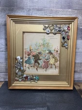 VTG Christmas Art Print Framed w/ Costume Jewelry Collage OOAK Mixed Media