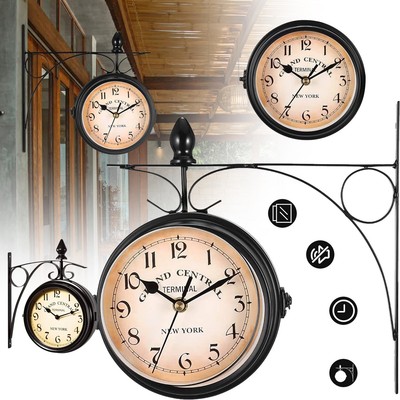 Bahnhofsuhr Doppelseitig,Bahnhof mit Halterung,Groß Uhr für Drinnen,Eisen Uhr