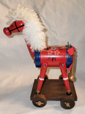 Vtg Wooden Hobby Horse Rolling Miniature Wood Christmas 7" Red Toy Doll House