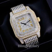 Men Two Tone Full Iced Bling Hip Hop Lab Diamond Square Bust Down Metal Watch