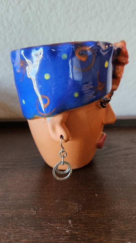 Bird Brain Inc Folk Art Terra Cotta Clay Planter Woman Flower Hat