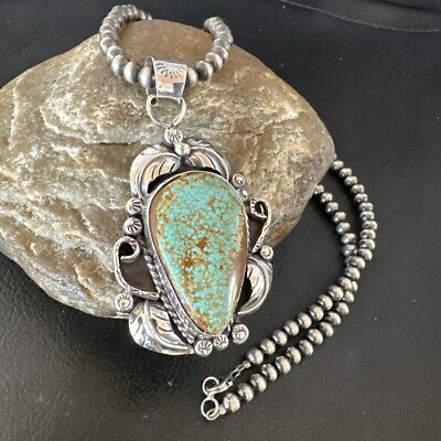 Blue Turquoise #8 Pendant Navajo Pearls Sterling Silver Necklace 15901