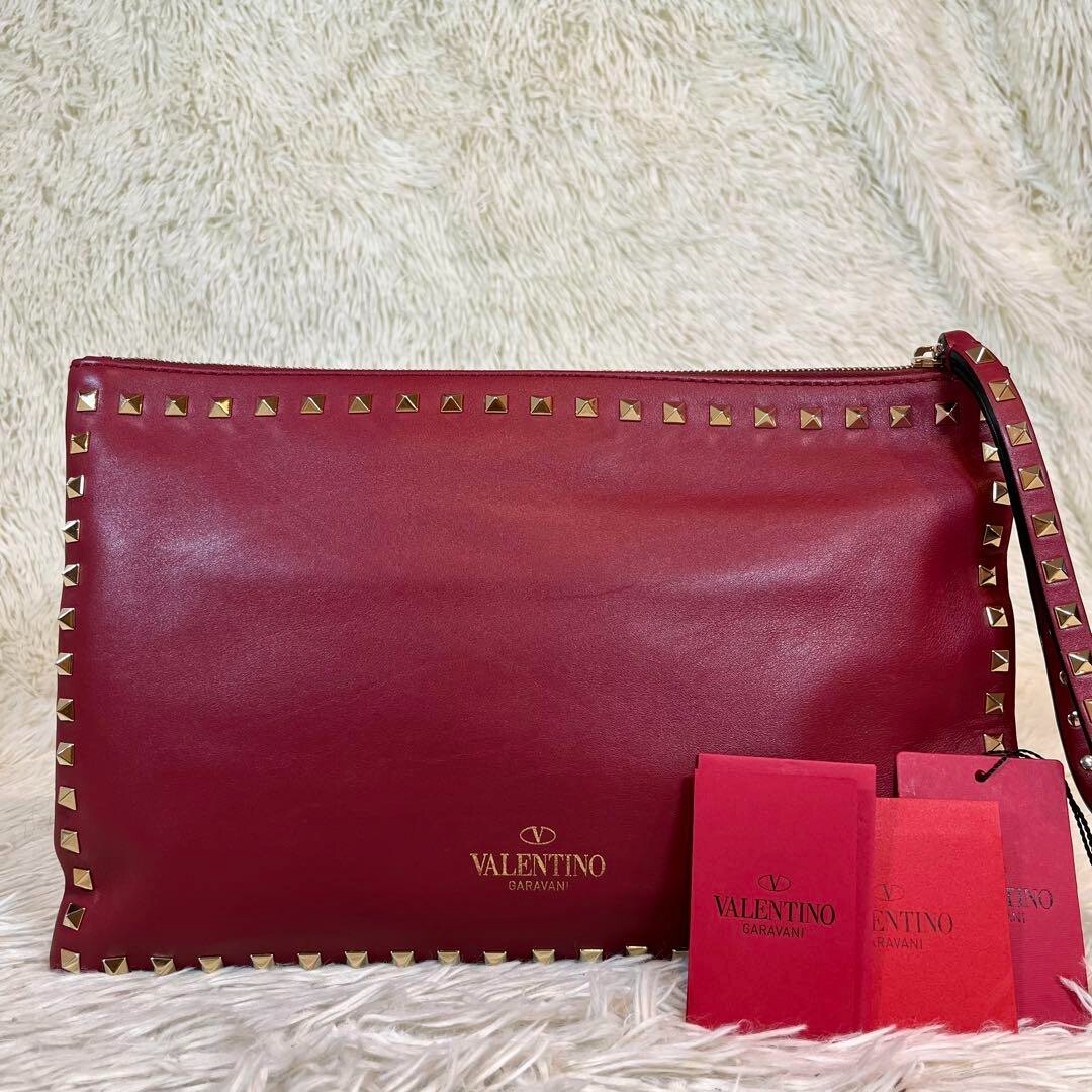 Valentino Garavani Red Leather Clutch Bag Pouch Studded Used 