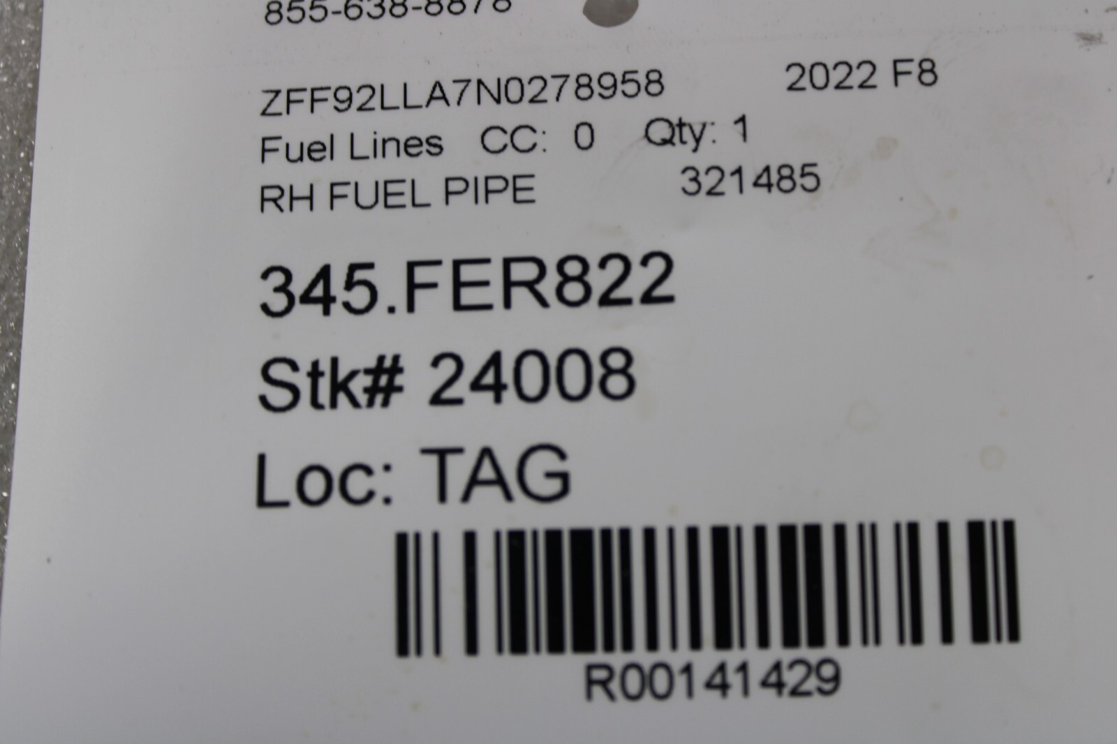 Ferrari F8, 488, Fuel Pump to Fuel Rail Line, Used, P/N 321485