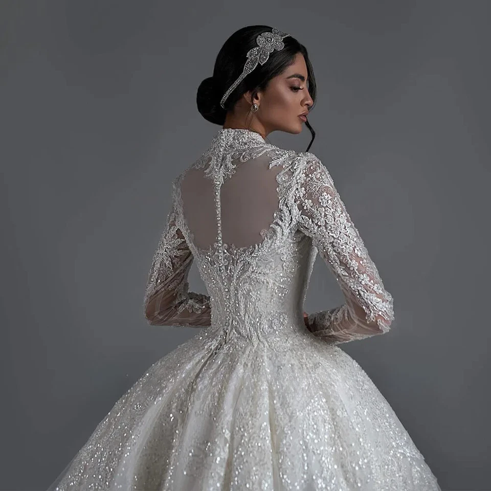 Preciosos Vestidos de Novia Princesa Cuello en O Mangas Largas Encaje Apliques Vestidos de Novia Foto 4 de 4