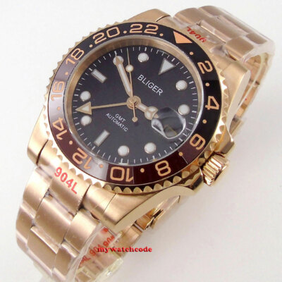 40mm Bliger Black dial Rose Golden Case Sapphire Glass GMT Automatic Mens Watch